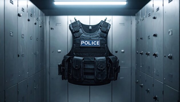 Modern Police Tactical Body Armor Vest with POLICE Patch Hanging on Locker Door
