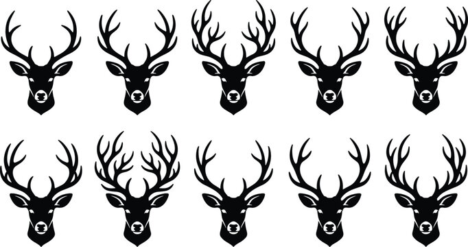 Deer head black silhouette icon set featuring stags with large antlers buck portraits for hunting trophies wildlife logos and forest animal mascot design vector illustration