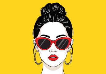 Stylish woman with an updo hairstyle wearing red sunglasses and gold hoop earrings against a bright yellow background © markdefined