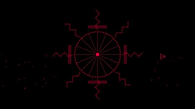 Futuristic red digital radar motion with rotating elements and glowing effects for technology and sci-fi themes.