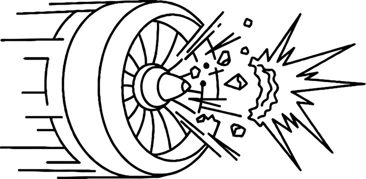 Exploding car tire with dramatic flying debris illustration.