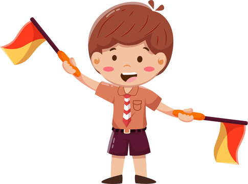 Cute Cartoon Boy Scout Signaling with Red and Yellow Semaphore Flags