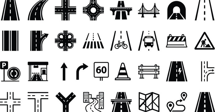 Road network and highway infrastructure layout vector icon pack