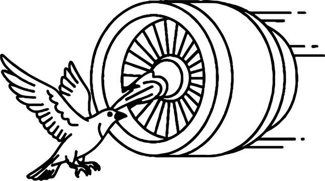 Hummingbird interacting with spinning jet turbine illustration.