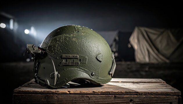 Modern Tactical Military Helmet with NVG Mount in Matte Green Finish on Wooden Surface