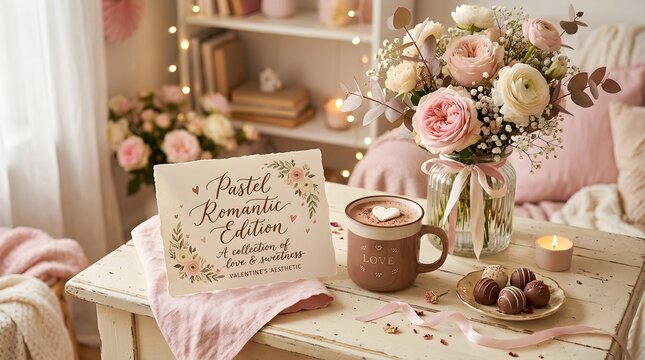 Romantic pastel setting with handwritten note and fresh flower bouquet, romantic