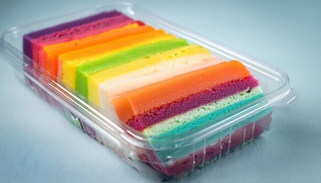 colorful layered cake slice in clear plastic container