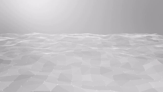 A low-poly grid visualization of a geometric network structure. Interconnected triangular polygons form a futuristic digital landscape that moves dynamically and smoothly, 