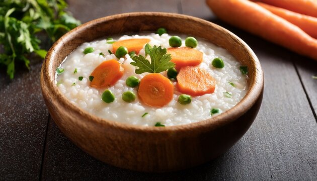 hearty vegetable rice soup with carrots peas and herbs in a warm wooden bowl on dark table comforting rice porridge with carrots congee