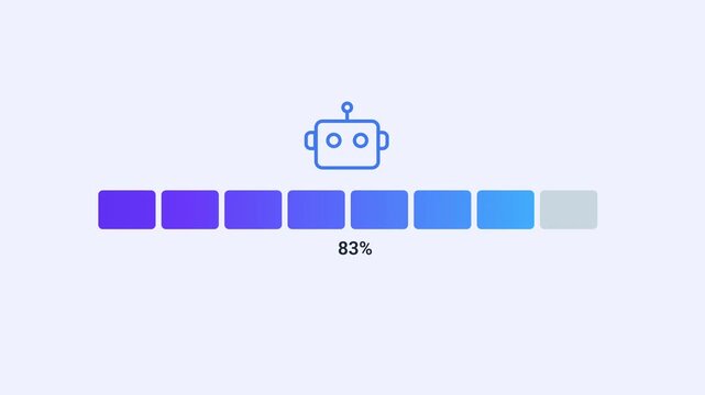 Animated robot processing indicator with chatbot icon, segmented progress bar, and percentage display. Clean flat motion graphic for automation, artificial intelligence, machine learning, and digital 