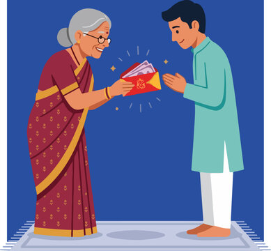 Elderly Indian Grandmother Giving Eidi Money Envelope to Grandson.