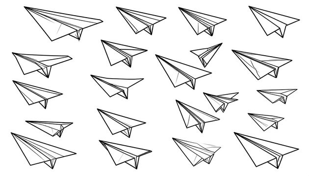 An assortment of hand-drawn, stylized paper airplanes, rendered in clean black lines against a white background, creating a pattern