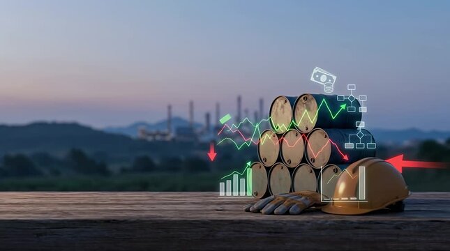 Warm Industrial Scene with Oil Barrels and Financial Graphs in Background