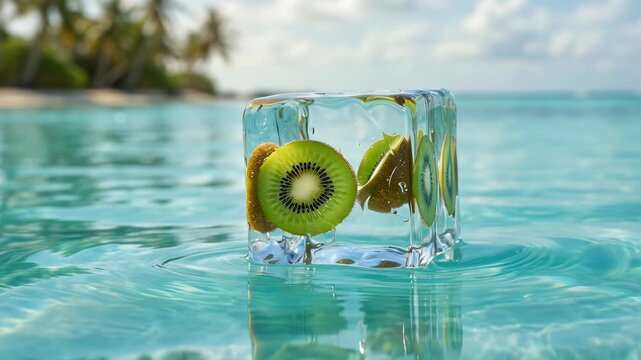 Frozen kiwi inside melting ice cube floating on tropical turquoise water
