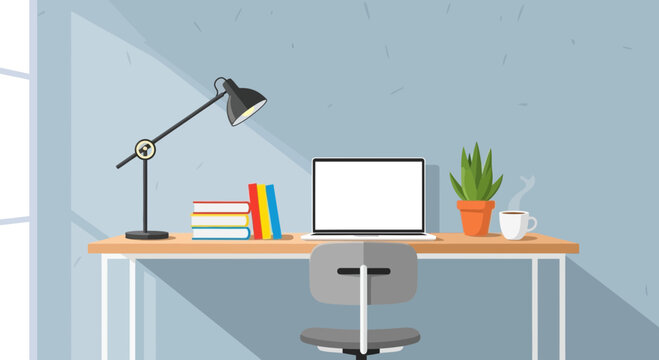Modern home office desk with laptop, books, lamp, and plant. Bright workspace.