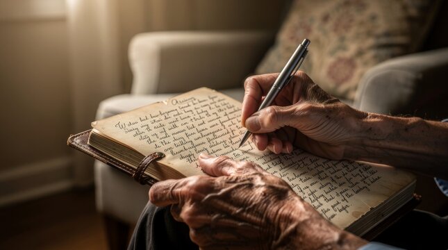 Elderly person's hands writing a letter with a pen