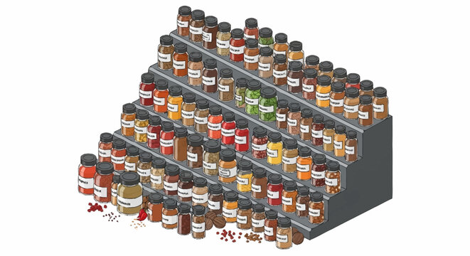 A large collection of various spice bottles on shelves.