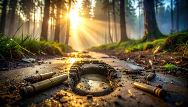 Muddy bootprint and spent rifle cartridge left on a sunlit forest path, representing resilience and survival