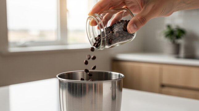 Hand pouring dark coffee beans into a stainless steel container