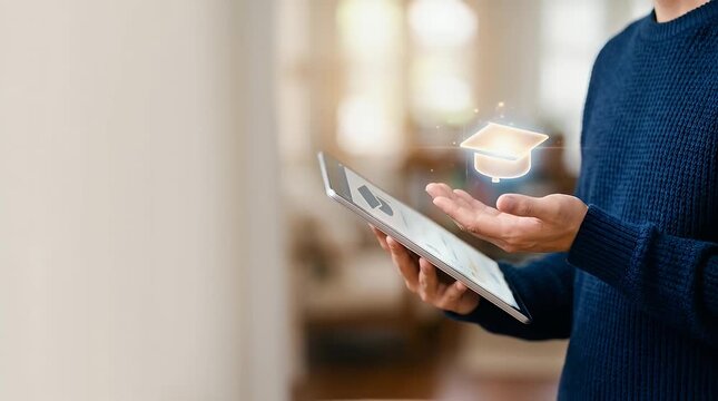Engaging Student Using Tablet with Floating Graduation Cap Icon