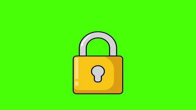 &ldquo;2D cartoon animation of a yellow flat padlock closing and locking on chroma key green screen background. Ideal for cybersecurity, data privacy, security access, and protection concepts.&rdquo;
