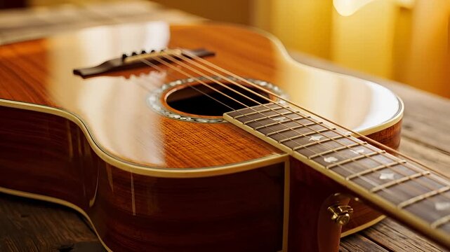 Closeup Acoustic Guitar on Wooden Surface with Warm Lighting.