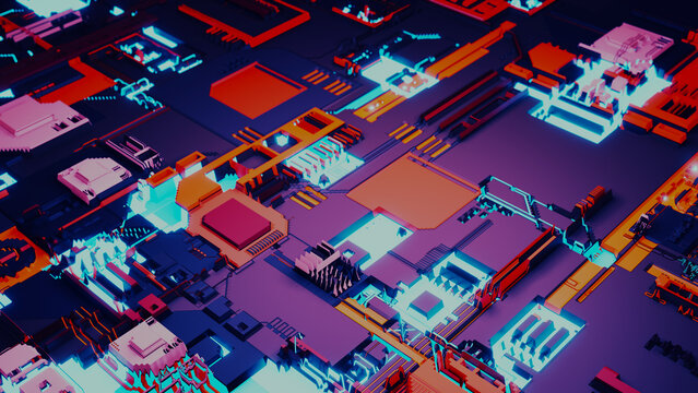 The futuristic microchip schematic unfolds as a complex network of digital processes, glowing connections, and geometric shapes. The illustration conveys an atmosphere of high technology and