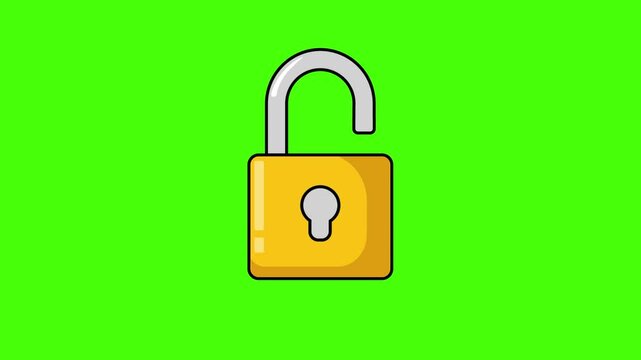 &ldquo;2D cartoon animation of a yellow flat padlock popping open and unlocking on chroma key green screen background. Ideal for cybersecurity, data privacy, access granted, security concepts, and video ove