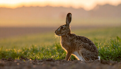 Obraz premium Majestic Hare Standing in Dewy Grass Field During Golden Hour Sunrise Warm Light Wildlife Scene