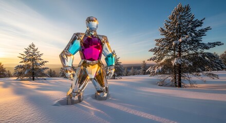 Obraz premium Sculpture made of translucent colored glass stands in a snowy forest landscape at sunset.