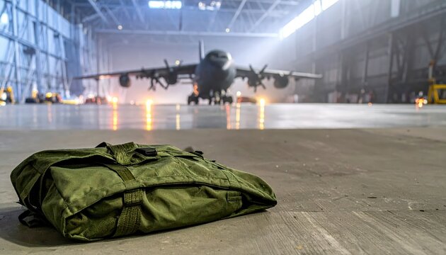 Neatly folded green military parachute pack rests on hangar floor in front of large cargo aircraft ready for deployment
