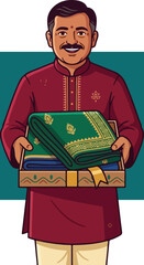 Fototapeta premium Man Holding Traditional Indian Fabrics.
