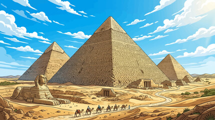Pyramids of Giza Egypt desert landscape with Sphinx and camel caravan © Nadeesha