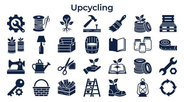 Upcycling concept icons showing creative reuse of materials for sustainable living and DIY projects