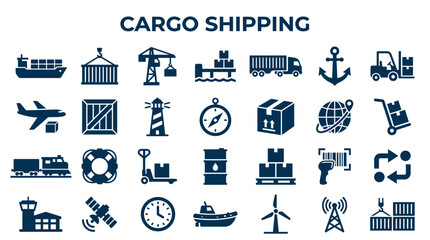 Cargo Shipping Logistics Icons Set Transportation Industry Global Delivery Services Freight Management Concepts © Iconique Studio