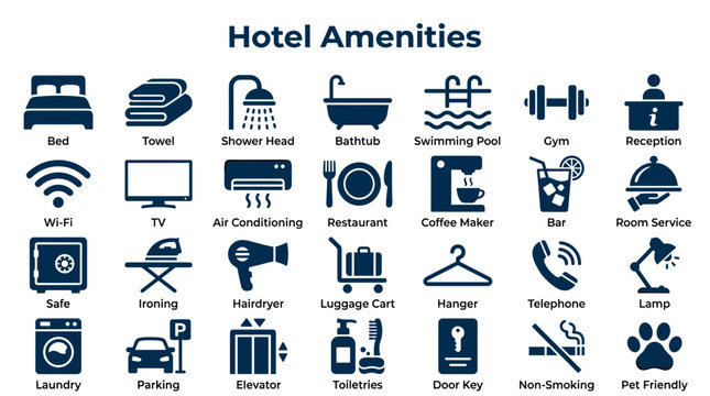 Hotel amenities icons set isolated on white background representing services and facilities available for guests in a hotel accommodation.