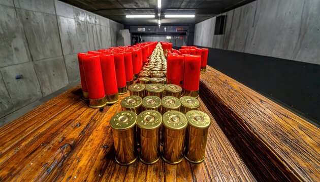 Numerous shiny shotgun shells in rows, featuring red plastic and brass components on a wooden surface