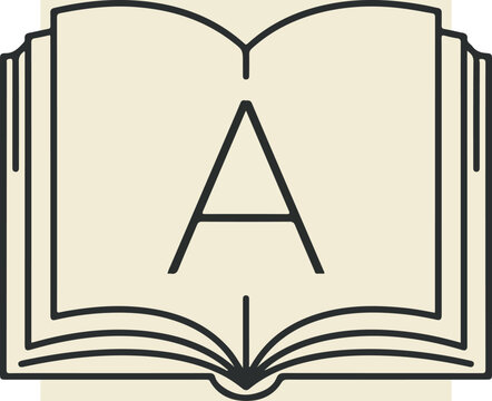 Minimalist icon of an open book with the letter A.