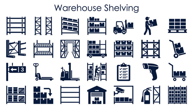 Warehouse Shelving and Logistics Icons Representing Storage Solutions Forklift Pallets Boxes and Inventory Management Systems
