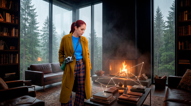 Photographer in mustard coat watching constellation overlay above fireplace in forest cabin lounge