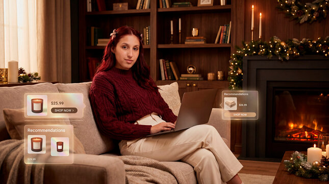 Woman in burgundy sweater pausing at laptop beside floating shop cards in dim living room