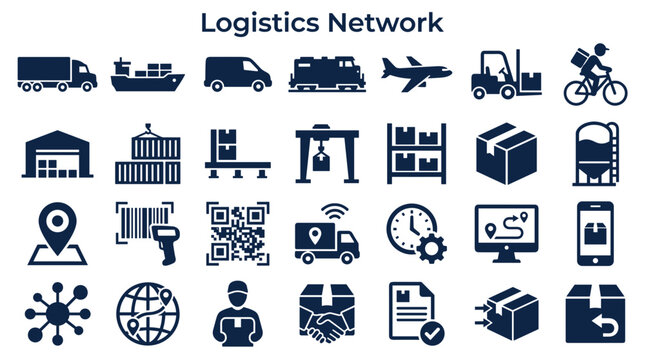 Logistics network icons representing global shipping and delivery services including trucks ships planes trains and delivery personnel for supply chain management and e-commerce concepts
