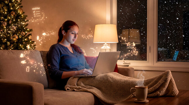Redhead typing on laptop with wishlist overlay beside snowy window and steaming mug at night
