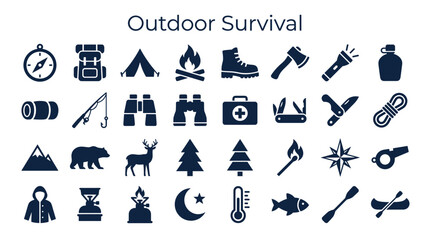 Collection of outdoor survival and camping icons representing essential gear and activities for wilderness adventures and nature exploration © Iconique Studio