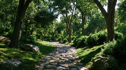 Fototapeta premium A serene stone pathway winding through a lush green suburban park, captured under crisp midday sunlight with deep, clear tree shadows.