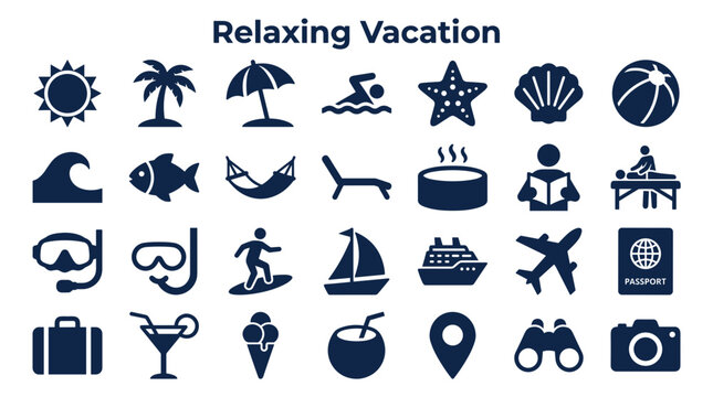 Collection of vacation and travel icons representing relaxation and leisure activities like swimming, sunbathing, and spa treatments