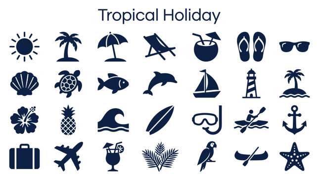 Tropical Holiday Icons Set Collection Representing Summer Vacation Beach Activities and Destinations