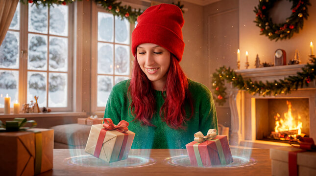 Woman in red beanie weighing two wrapped gifts on holographic discs by snowy window