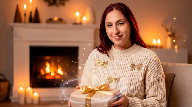 Beaming woman in bow-pattern knit holding golden ribbon gift in candlelit holiday home