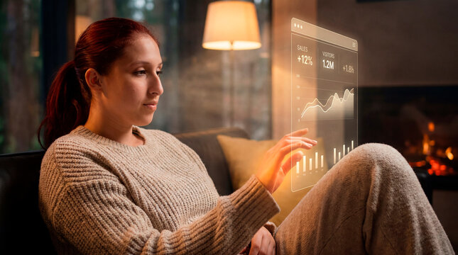 Woman in cable knit touching holographic sales dashboard above lap in dim living room